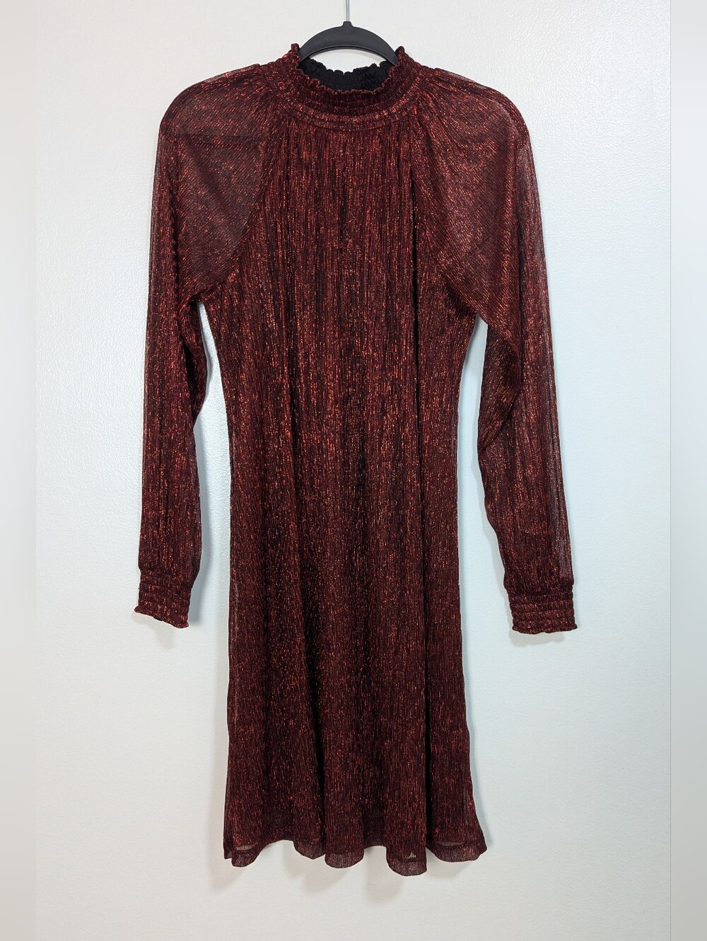 Nina Leonard Size L Red Metallic Shimmer Smocked Mock Neck Long Sleeve Dress